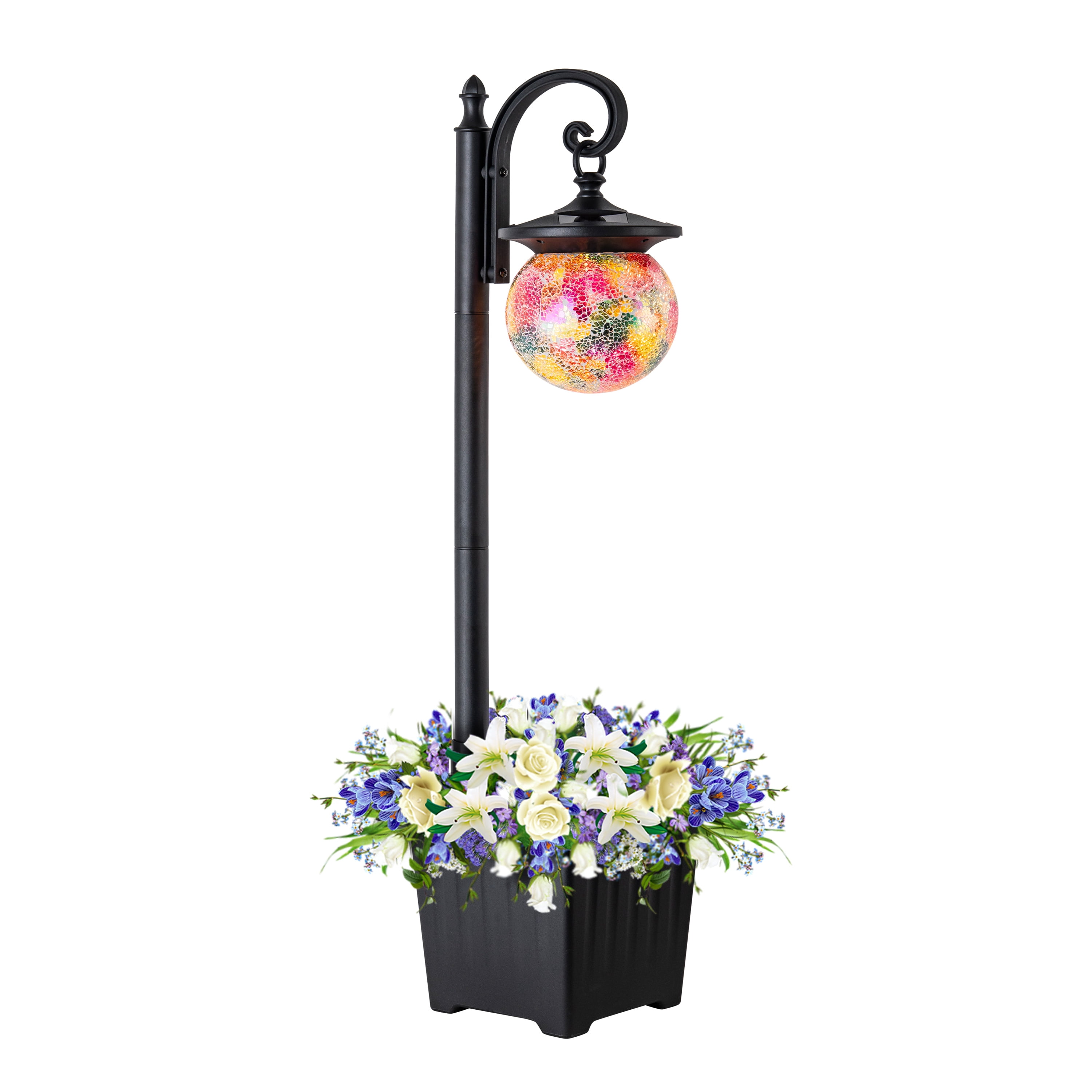 C Cattleya Solar Outdoor Post Light with Planter and Mosaic Glass Shade