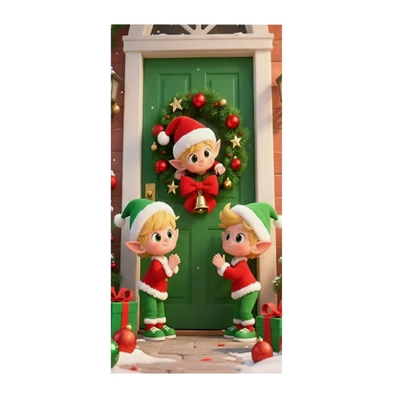 C Christmas Door Curtain Ensigns Outdoor Photo Background Hanging Decor Polyester Material 72.83 X 35.43 Inches Elves Design Festive Vibe For Holiday Gatherings 1Pc 0.28 Lb