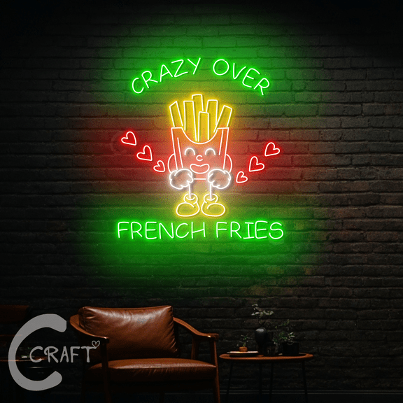 C-Craft Crazy French Fries Neon Sign Led Light Up 33 inch for Fast Food Restaurant Wall Art Decor