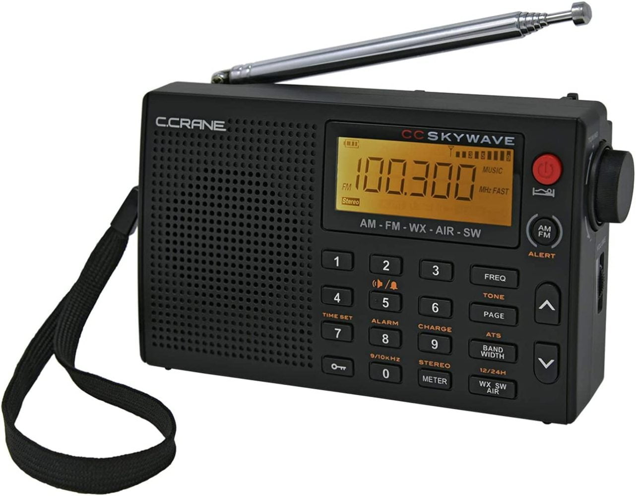 C Crane CC Skywave AM FM Shortwave Weather and Airband Portable Travel Radio with Clock and Alarm