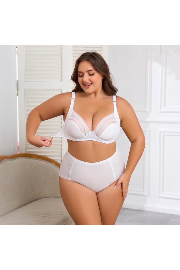 C Cup D Cup Large Cup Mesh See-Through Sexy Thin Style Solid Color Push-Up Plus Size Bra