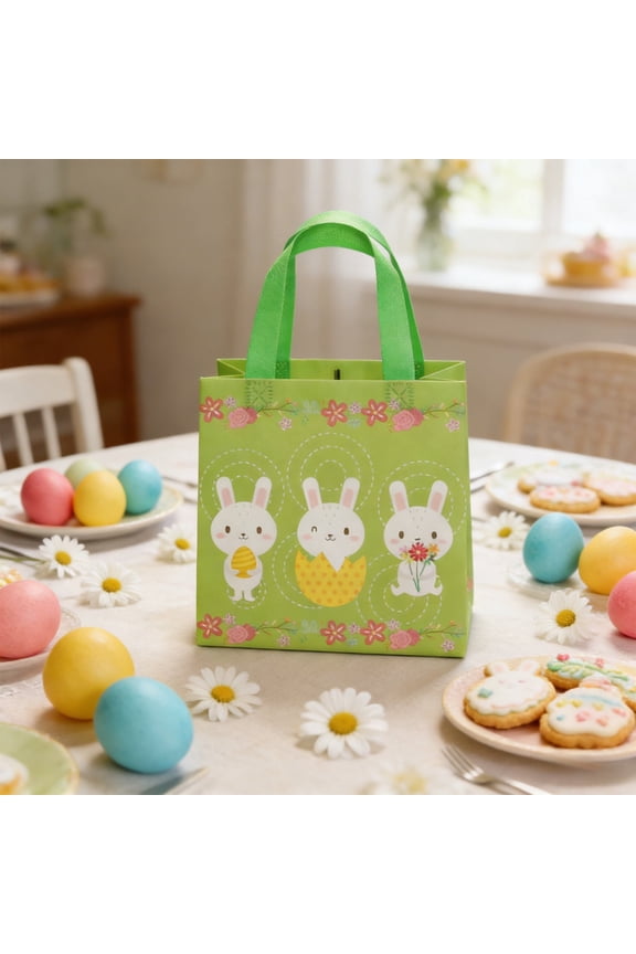C Easter Reusable Tote Bag Laminated Non Woven Bunny Egg Print Spring Holiday Shopping Bag Party Favor