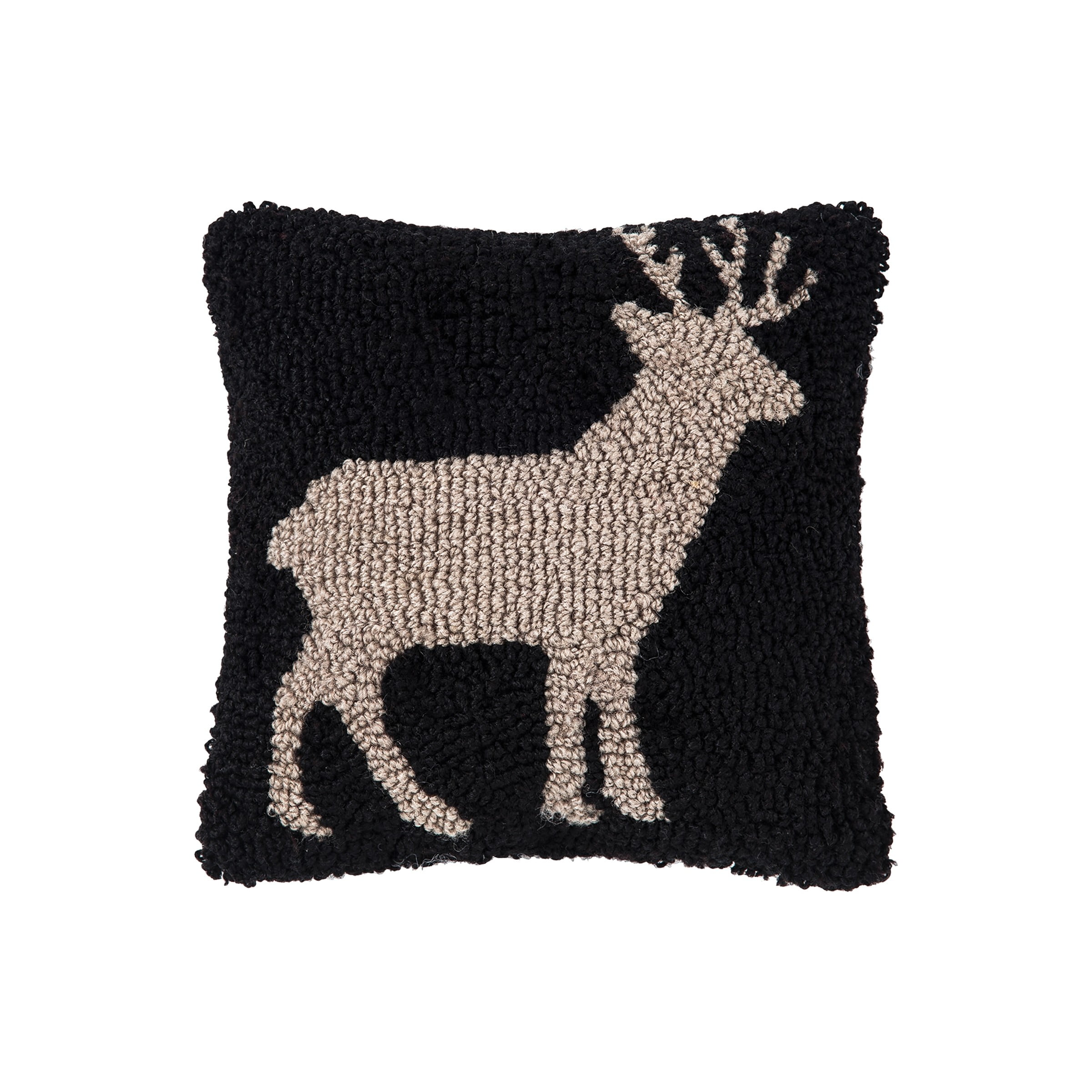 Black and Beige Deer Hooked Square Throw Pillow