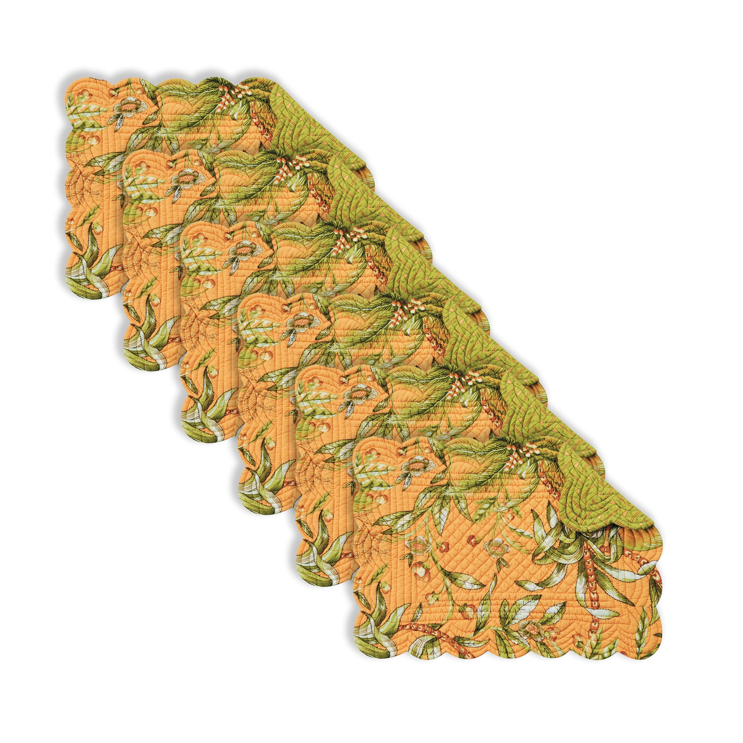 Barbados Sunset Orange and Green Cotton Quilted Reversible Placemats Set of 6