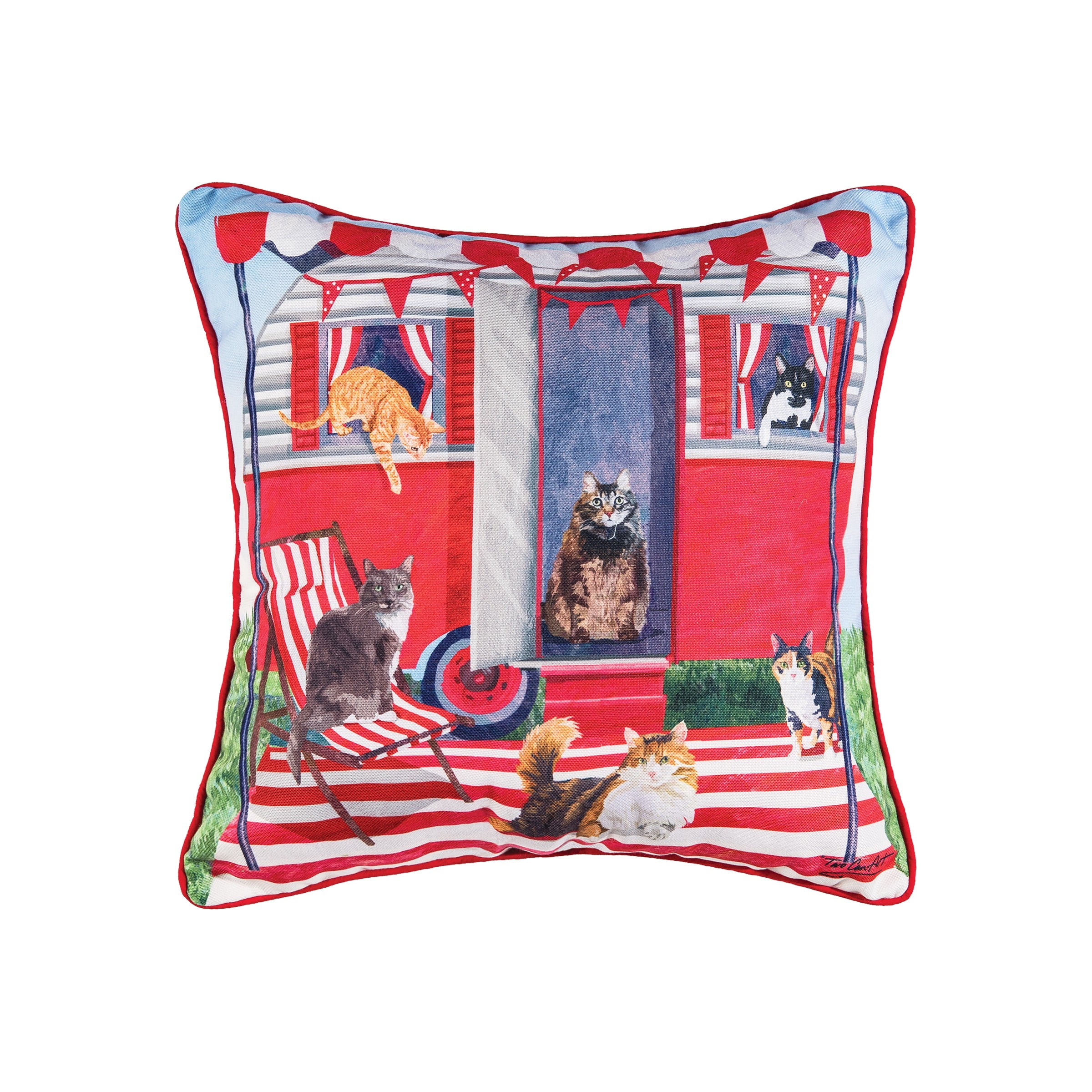 Patriotic Red White and Blue Cotton Cat Throw Pillow 18" x 18"