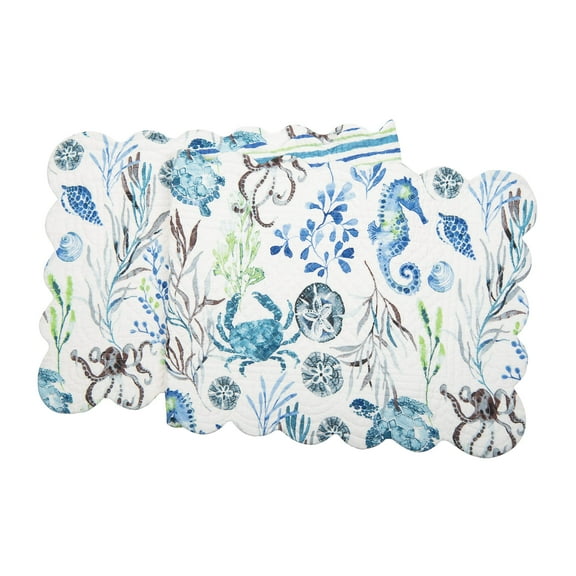 C&F Home Crescent Bay Quilted Reversible Rectangle Table Runner Nautical White Blue and Green Ocean Beach Rectangle Animals Coral Seaweed Reversible Stripes Table Runner Blue
