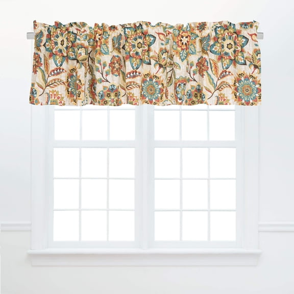 C&F Home Fiona Jacobean Cotton Valance Window Treatment Curtain Valance Floral Flowers Vintage Boho Bohemian Modern Colorful Fall Autumn 72" X 15.5" Cream Cocoa Sage Teal Valance Single Tan