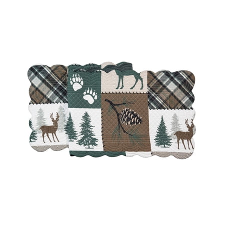 C&F Home Fletcher Forest Patchwork Reversible Hatched Green Cotton Quilted Table Lodge Rustic Cabin Cotton Machine Washable Cotton Quilted Table Runner 14" x 51" Brown