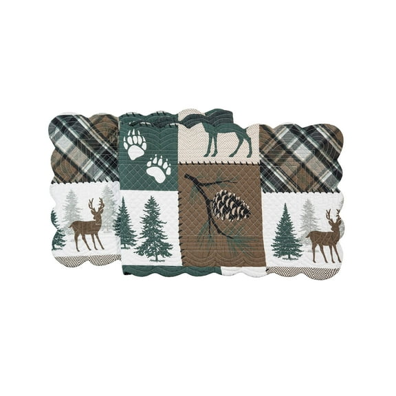 C&F Home Fletcher Forest Patchwork Reversible Hatched Green Cotton Quilted Table Lodge Rustic Cabin Cotton Machine Washable Cotton Quilted Table Runner 14" x 51" Brown
