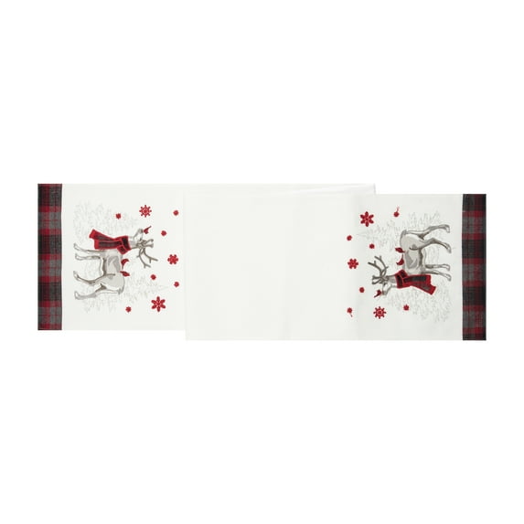 Frosty Deer White Deer in Red and Black Plaid Scarf and Red Snowflakes 13" X 72" Cotton Machine Washable Table Runner