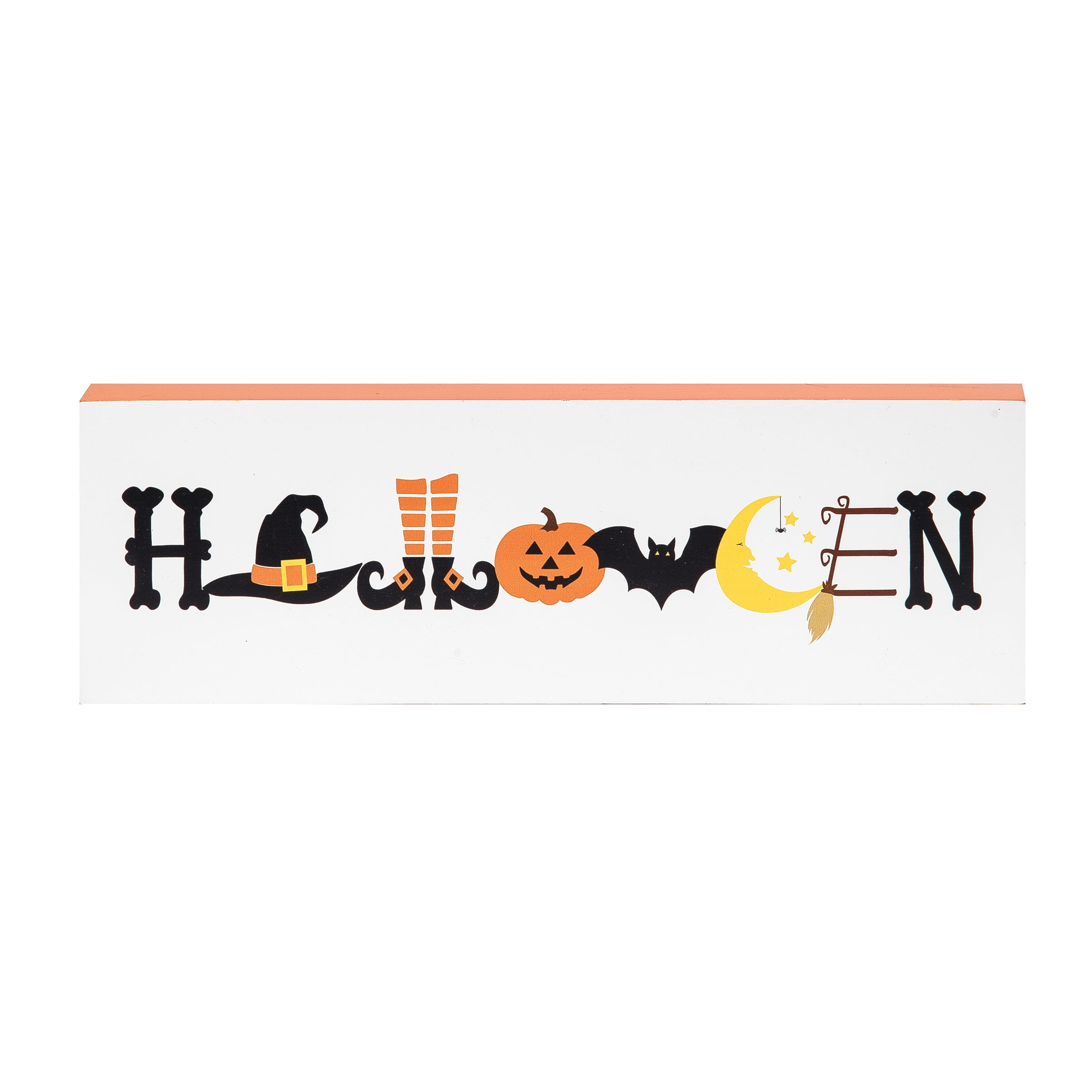 12" x 4" Halloween Block Shelf Sitter in White and Orange MDF