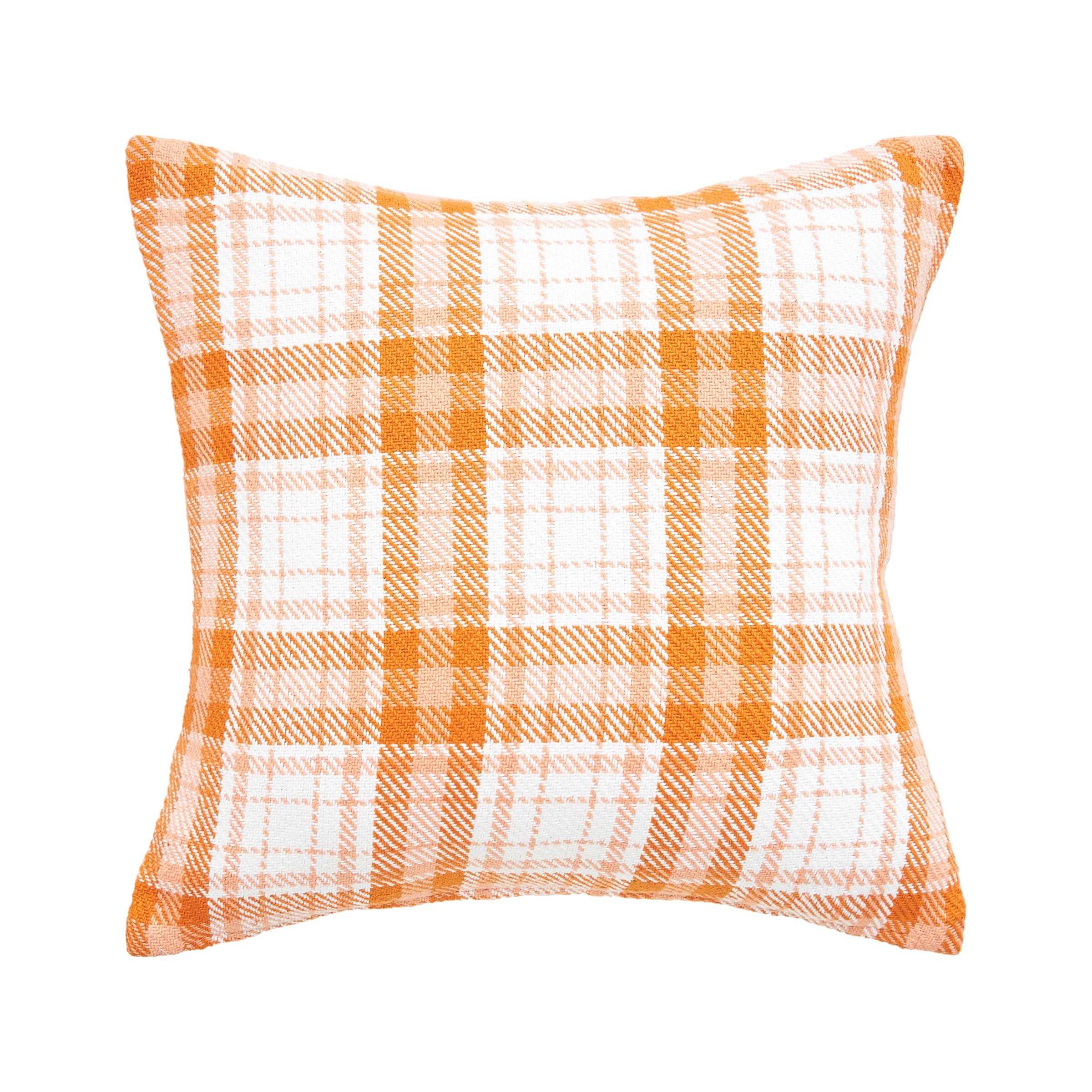 Hazel Plaid Orange and White Cotton Square Throw Pillow