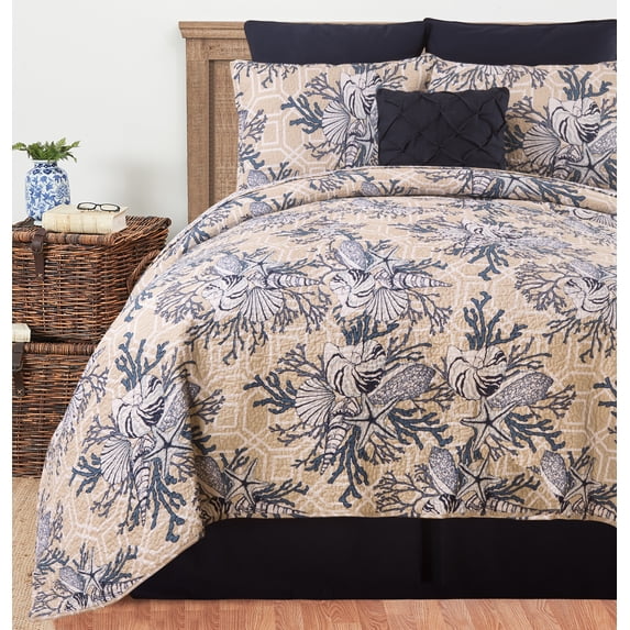 Indigo Sound Coastal Beach Theme Full/Queen 3 Piece Quilt Bedding Bedspread Coverlet Set