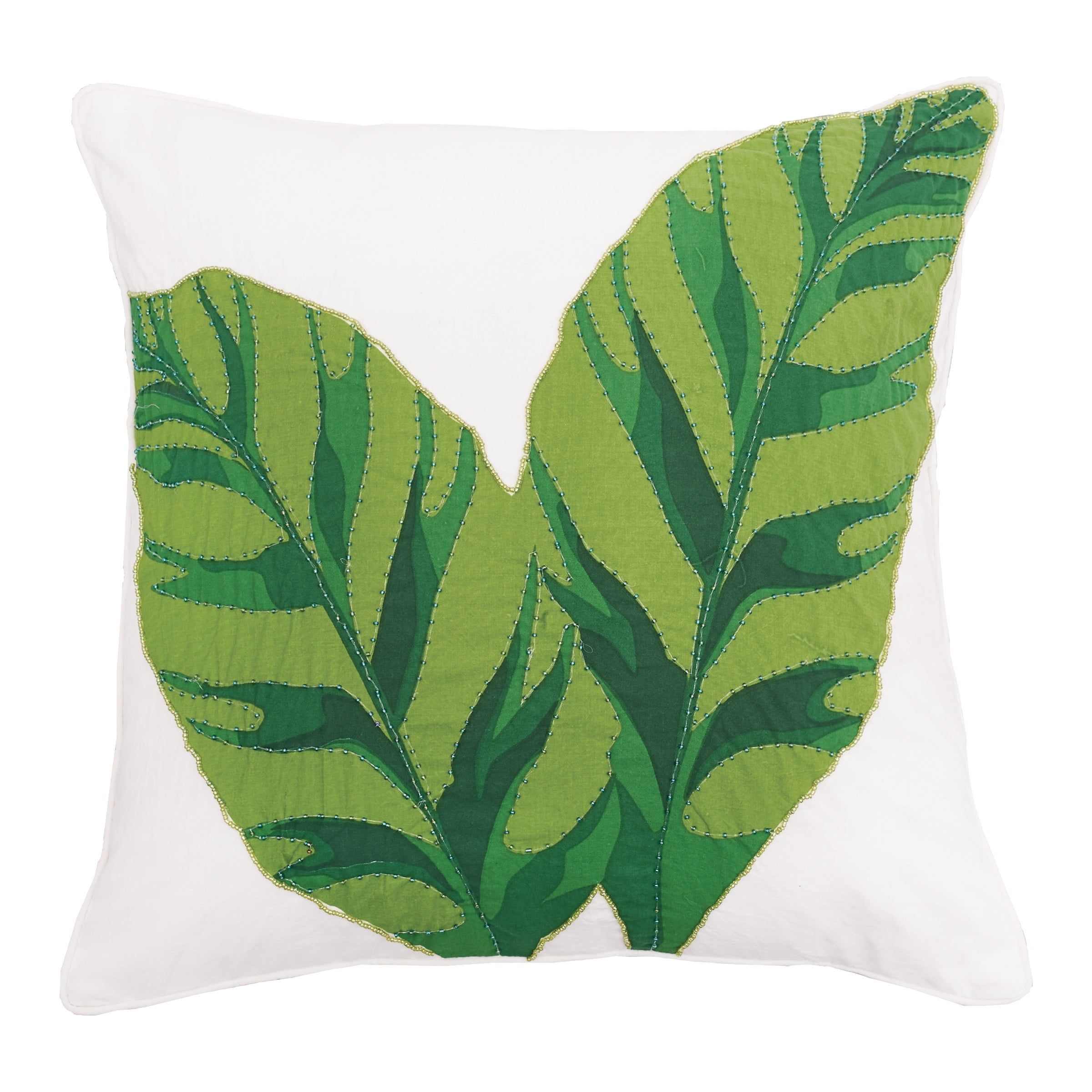 Layla Green Banana Leaves Beaded Cotton Throw Pillow