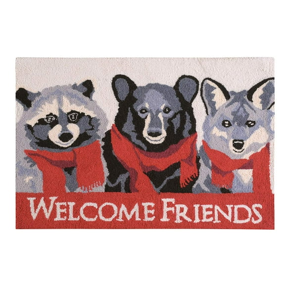 C&F Home Rustic Christmas Themed Welcome Friends Woodland Critters in Red Scarves Wool Handcrafted Premium Hooked Indoor Accent Rug. 2 x 3 ft. Featuring Racoon, Bear and Wolf 2'x3' Grey