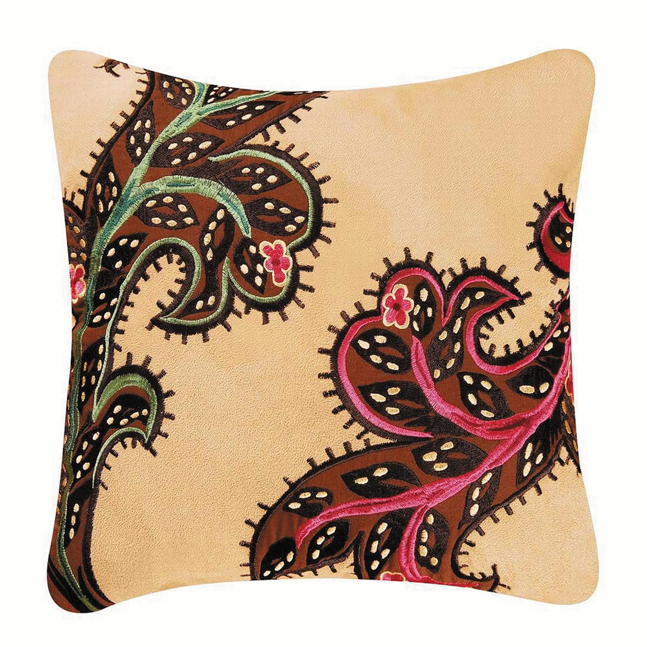 14" Beige and Brown Embroidered Square Throw Pillow