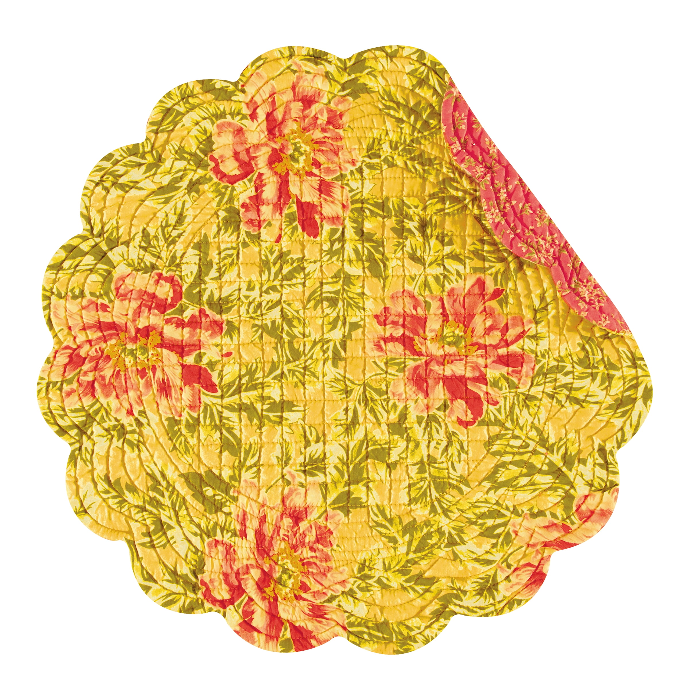 Splendor Yellow and Pink Cotton Quilted Round Reversible Placemat Set of 6