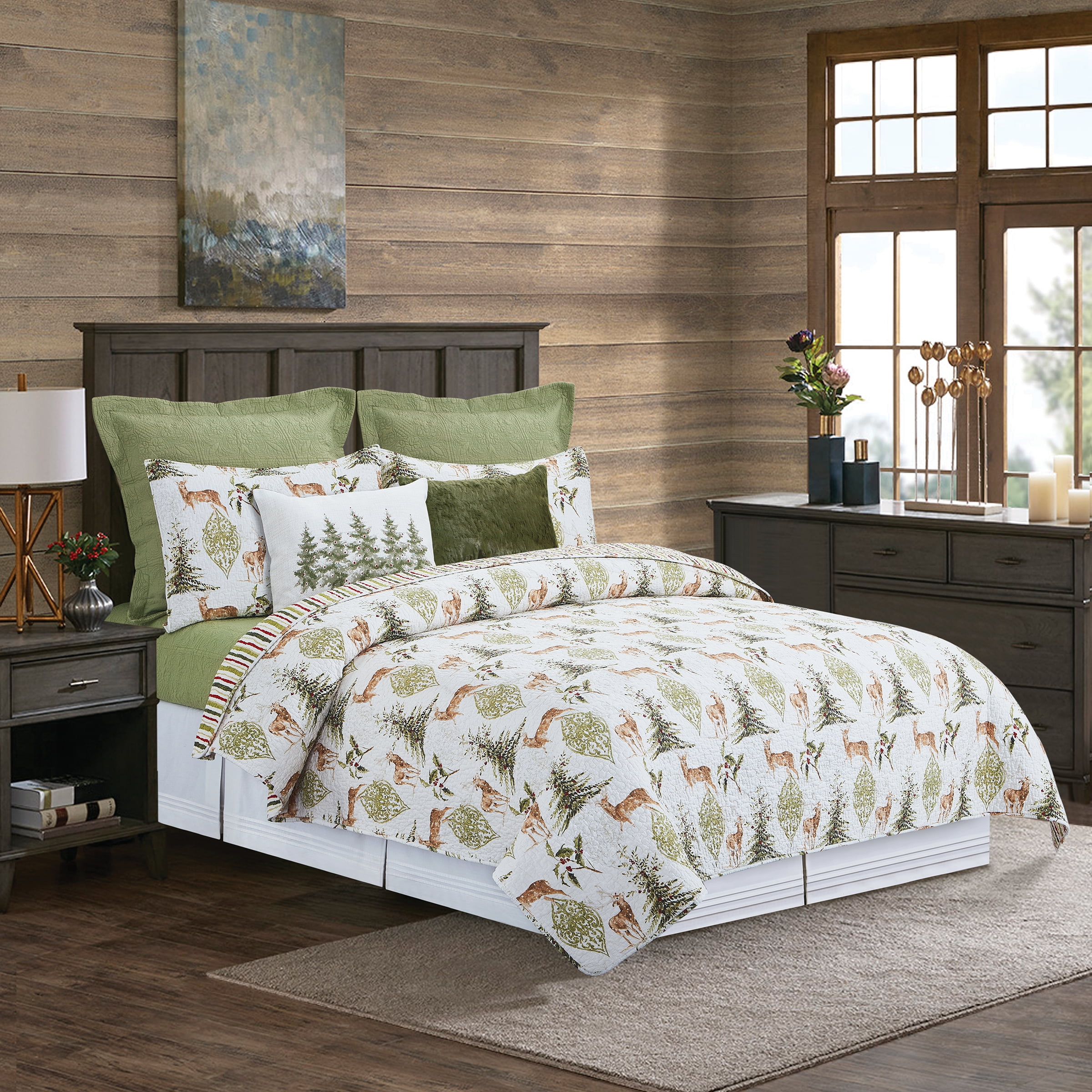 Winter Yellow and Green Cotton Reversible Full Quilt Set