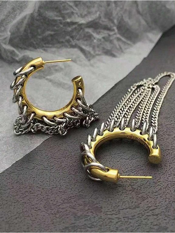 C-Gold Two-Tone Chunky Chain Hoop Earrings Stainless Steel Fashion