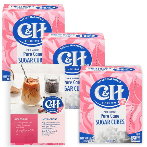 C&H Premium Pure Cane GGA1 Sugar Cubes, 1 lb Boxes (Pack of 3) - Perfect for Coffee, Tea, Portion Control - Includes Bonus Recipe Card