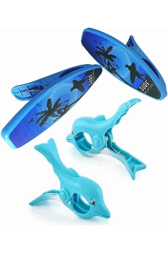 2 Set (4 Ct) Blue Surfboard/Dolphin Beach Towel Clips Jumbo Size for Beach Chair, Cruise Beach Patio, Pool Accessories for Chairs, Household Clip, Baby Stroller