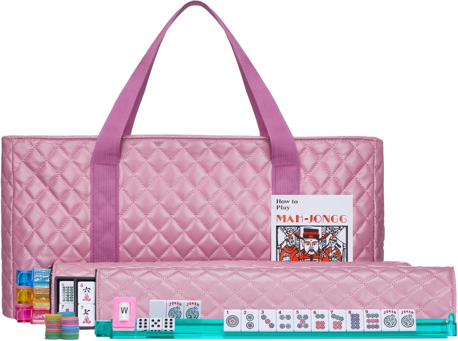 C&H Solutions American Mahjong Set,Mahjong Tiles Set,Pink PU Carrying Bag,166 Premium Tiles,4 All-in-One Rack/Pushers,Western Mahjong with English Manual(Ma Jong,Mah-Jongg, Majiang)