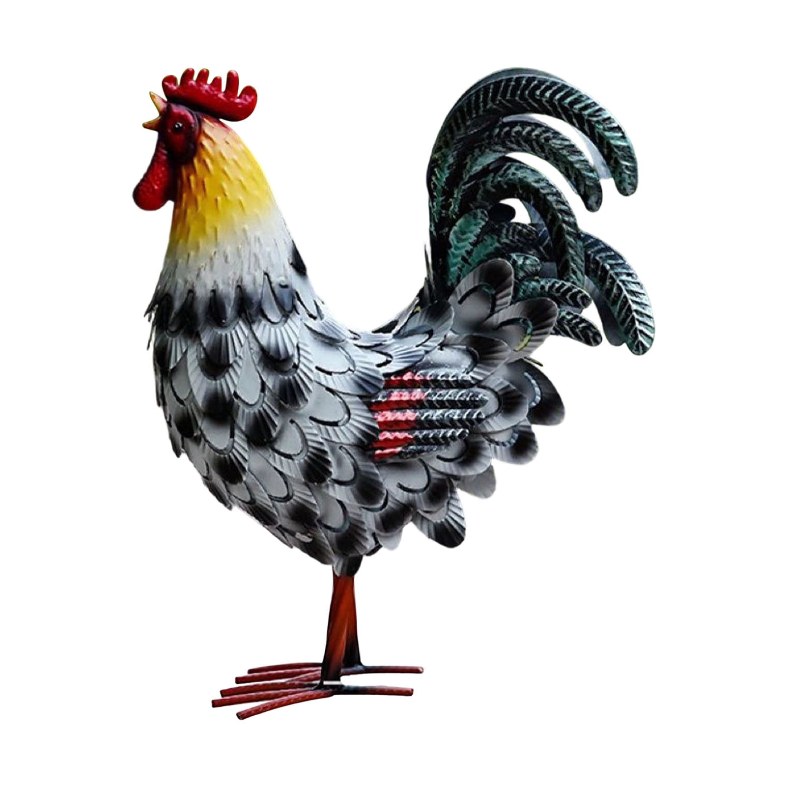 C Hand Painted Iron Rooster Garden Statue With Rustic Finish, Farmhouse Decoration For Yard, Patio, Outdoor Lawn Accent
