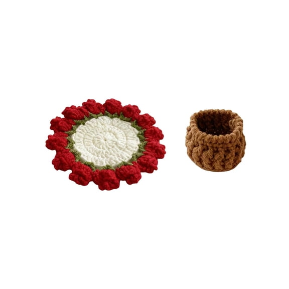 C Handmade Polyester Yarn Crochet Rose Coaster Mat And Knitted Small Flower Basket For Desktop Insulation Decoration 5.12X5.12Inch