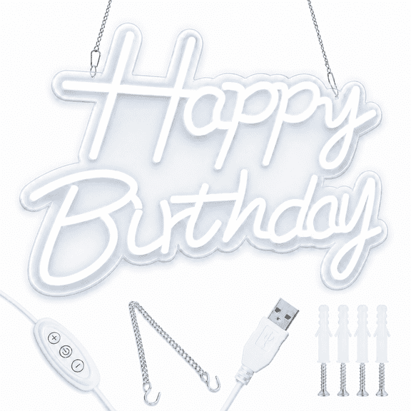 C Happy Birthday Neon Sign for Backdrop, LED Happy Birthday Light Up Sign, USB Powered Dimmable Neon Light for Birthday Party Decorations, Wall Decor, White, 16.5 x 12 inch