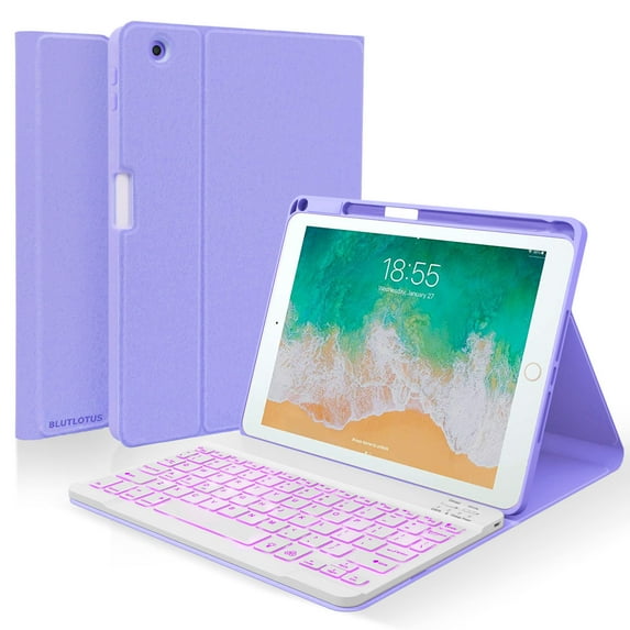 C INVERTER Keyboard case for iPad 9.7 Inch Air 2, iPad 5th/iPad 6th Generation (2017/2018) Case with Keyboard Detachable, 7 Color Wireless Backlit Keyboard,Smart Folio Cover with Pencil Holder(Purple)