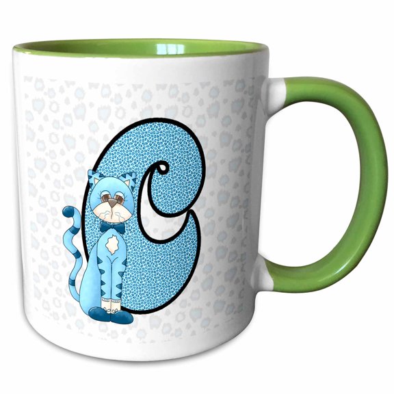 3drose, C Is for Cat in Blue for Boys Baby and Kids Monogram C in Animal Prints, 15oz Two-tone Green Mug