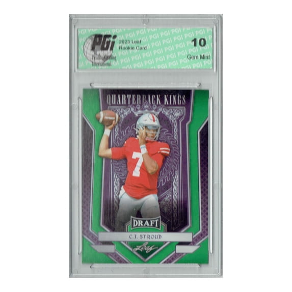 C.J. Stroud 2023 Leaf Football #90 Green SP Quarterback Kings Rookie Card PGI 10