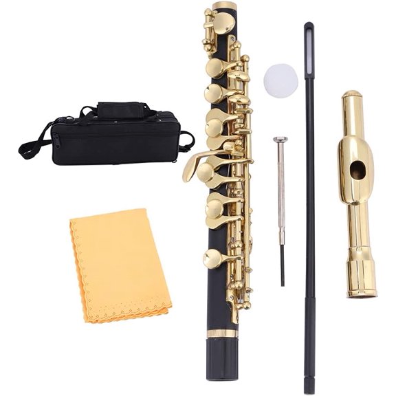 C Key Piccolo Half Size Flute Instrument with Padded Box Cleaning Rod for Beginners(Gold)$$Musical Instruments