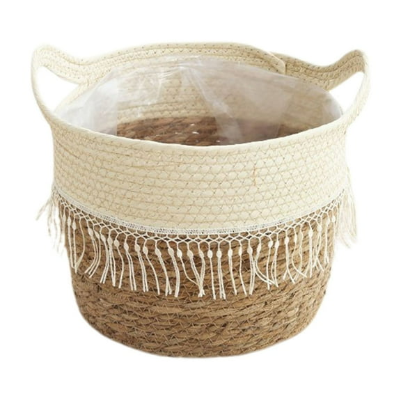 C Large Woven Storage Basket With Double Handles Oval Decorative Flower Pot Holder For Living Room Bathroom Home Decor 10.24X8.66X8.66 Inches 0.82 Pounds 1Pc