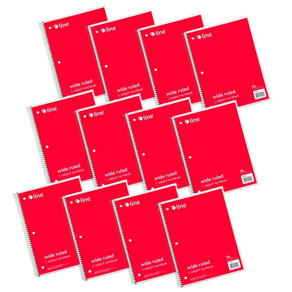 C-Line 1-Subject Notebook, 70 Page, Wide Ruled, Red, Pack of 12