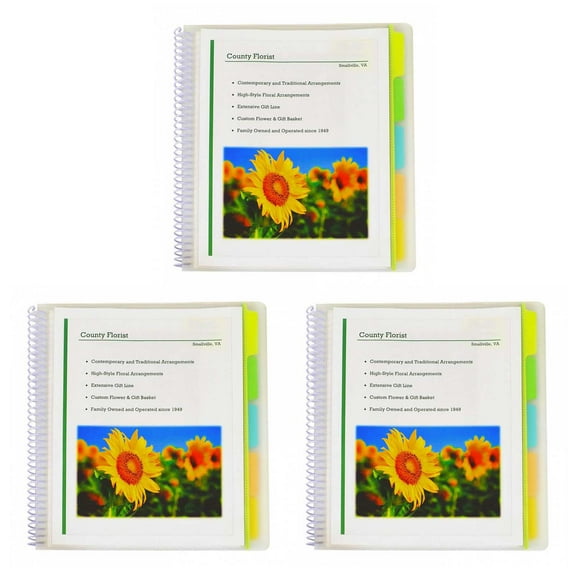 C-Line 10-Pocket Poly Portfolio with Write-On Index Tabs, Spiral Bound, 5-Tab, Clear with Assorted Color Tabs, Pack of 3