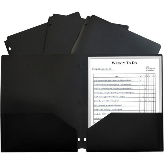 C-Line 2-pocket Heavyweight Poly Portfolio Pocket - 11.4" Length - 100 mil Thickness - For Letter 8 1/2" x 11" Sheet - 3 x Holes - Ring Binder - Rectangular - Black - Polypropylene | Bundle of 5 Boxes