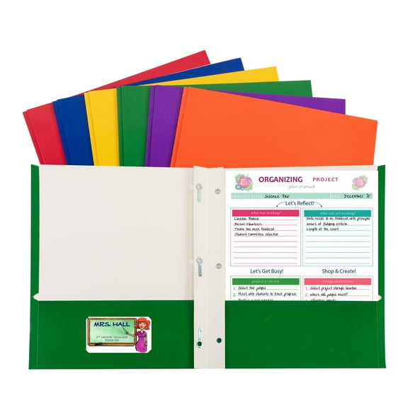 C-Line 2-Pocket Laminated Paper Folder with Prongs, Assorted Primary Colors, Pack of 50