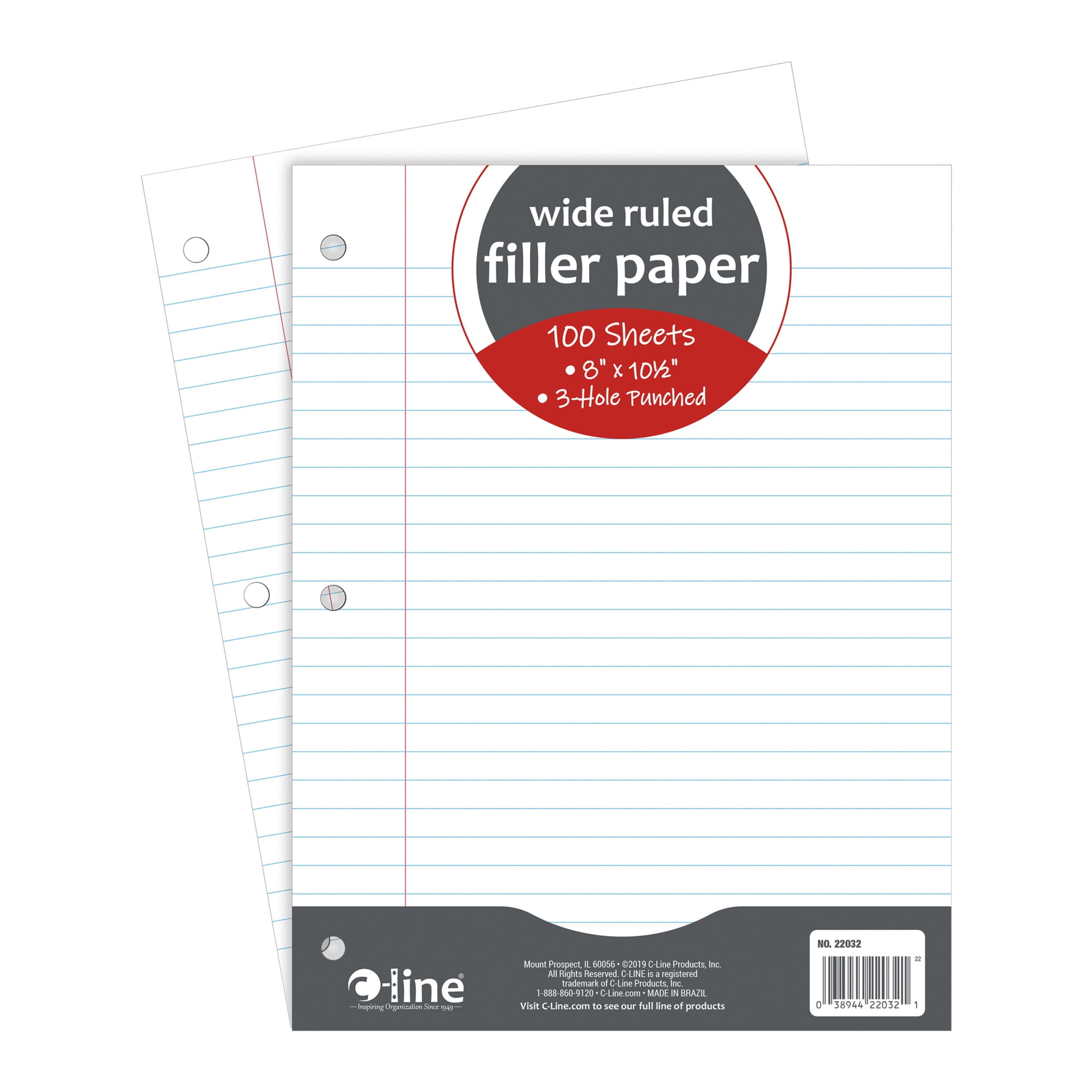 C-Line 3-Hole Punched Filler Paper, 8 x 10-1/2 Inches, Wide Ruled, 100  Sheets