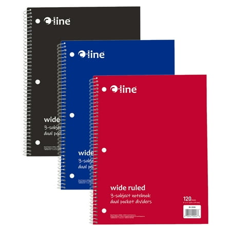 C-Line 3-Subject Notebook, Wide Ruled, 120 Sheets, Assorted Colors, Pack of 3