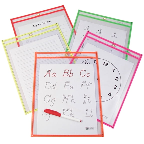C-Line Reusable Dry Erase Pockets, Neon Colors, 9 x 12, Pack of 10