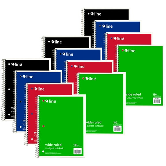 C-Line 5-Subject Notebook, Wide Ruled, 180 Sheets, Assorted Colors, Pack of 3