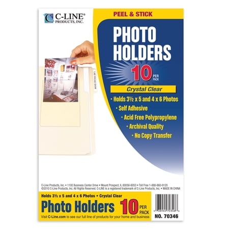C-Line Peel & Stick Photo Holders, Clear, 4" x 6", Pack of 10