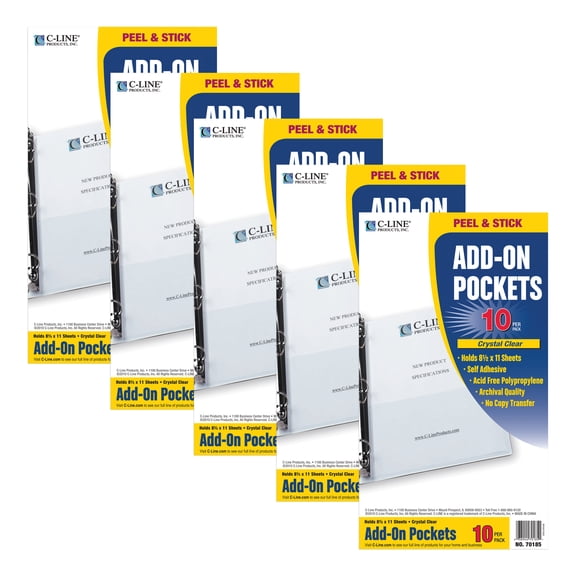 C-Line Add-On Filing Pocket, 8-3/4" x 5-1/8", 10 Per Pack, 5 Packs