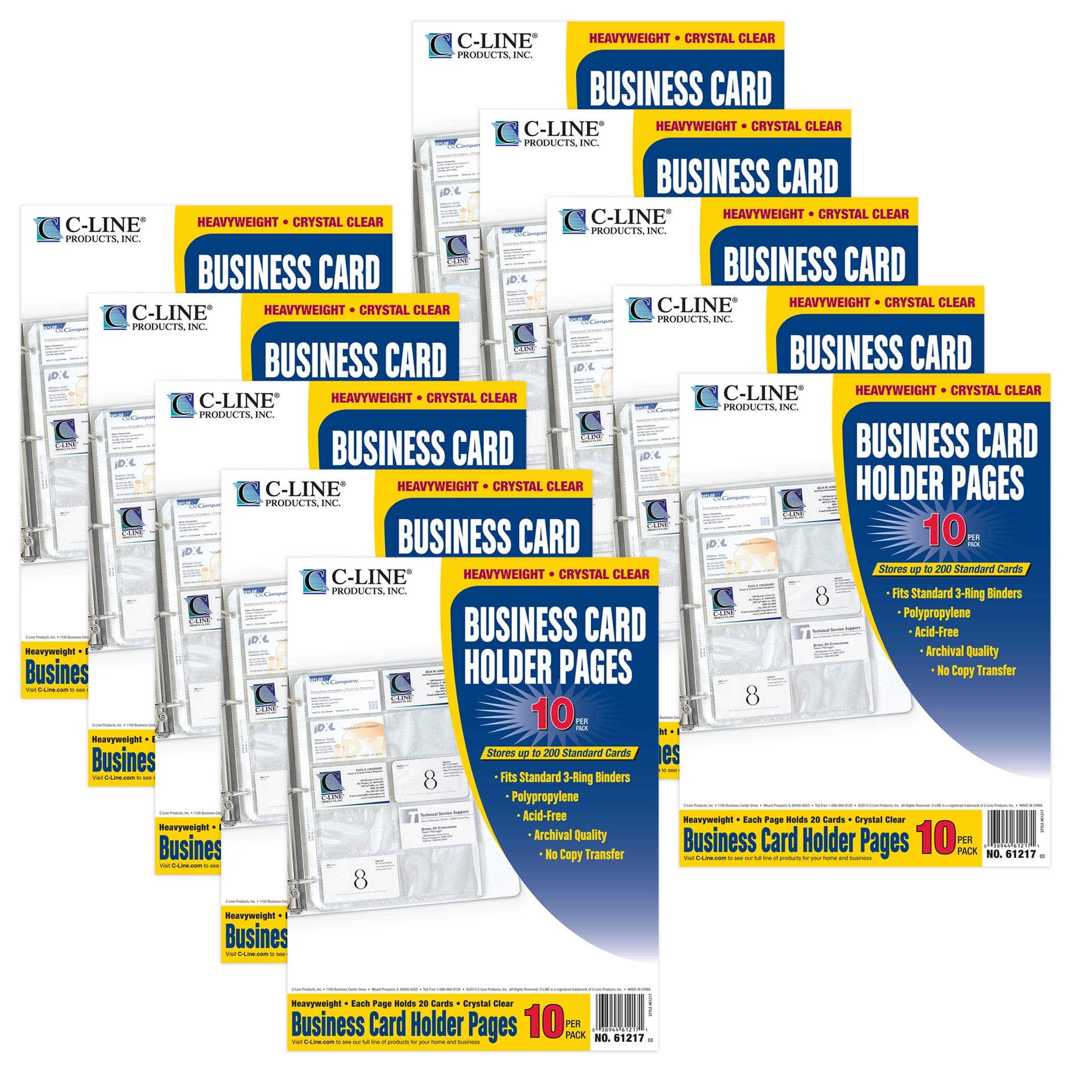 C-Line Business Card Holder, Poly without Tabs, Holds 20 Cards/Page, 11-1/4" x 8-1/8", 10 Per Pack, 10 Packs