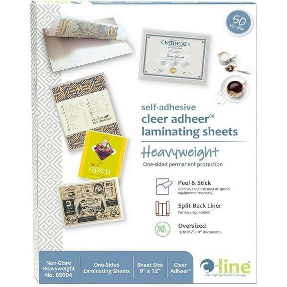 C-Line Cleer Adheer Self-Adhesive Laminating Film, 2 Mil, 9" x 12", 50/Box