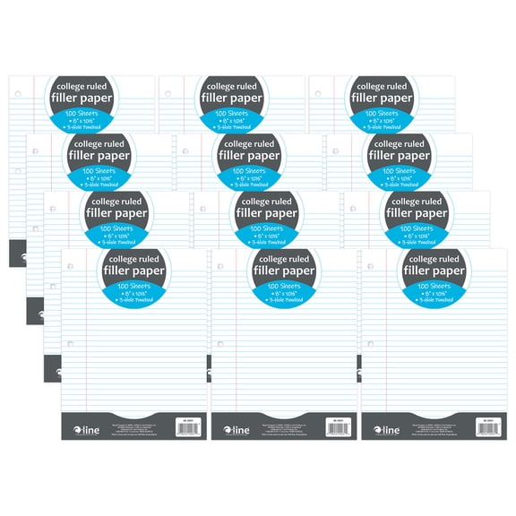 C-Line Filler Paper, College Ruled, 8" x 10-1/2", White, 100 Sheets Per Pack, 12 Packs