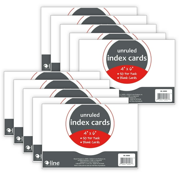 C-Line Index Cards, 4" x 6", White, Unruled, 50 Per Pack, 10 Packs