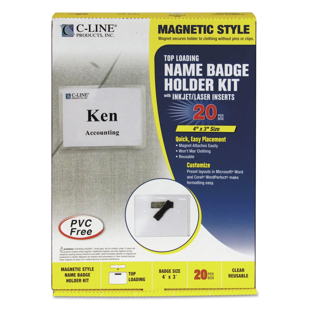 C-Line Magnetic Style Name Badge Holder Kit, Sealed Holders with Inserts, 4" x 3", Box of 20