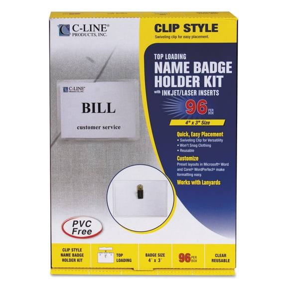 C-Line Name Badge Kits, Top Load, 4 x 3, Clear, Clip Style, 96/Box